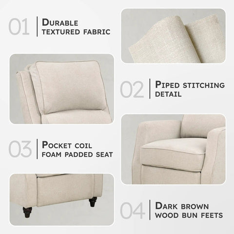 Push Back Manual Recliner Chair In Beige Fabric With Track Arms And Bun Feet For Deep Cushioned Comfort And Ultra Cozy Vibe Ideal Living Room Bedroom Or Office Accent Recliner 29.5 Inch Wide Great For Netflix Nights And Cozy Mornings with durable fabric, piped stitching, and bun feet.