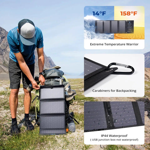 Person setting up 28W Portable Solar Charger That Slays The Day With Dual USB C And USB A for camping, shown with carabiners attached to backpack.