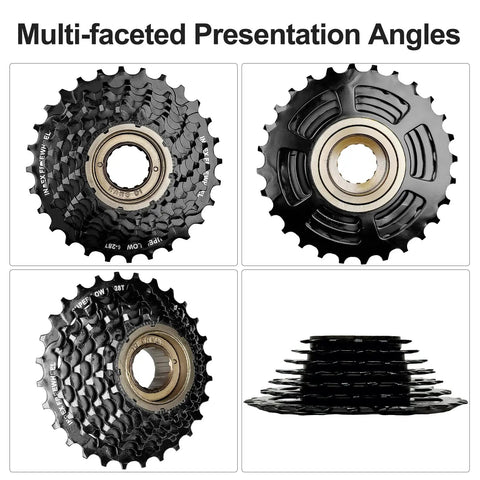 7 Speed Freewheel 14-28T Screw-On For Mountain And Folding Bikes, multi-angled view showing beefy high-strength steel construction