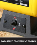 Dual Speed Bench Buffer Polisher 8 Inch With 2 Cotton Wheels For Jewelry Metal Wood Jade Knife Plastic 1725 3450 RPM Power Polisher Machine Dope For Hobby Shops shows close-up of two-speed switch on yellow base