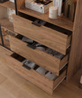 Walnut Display Cabinet With Glass Doors And Three Drawers App Controlled LED Lights Tall Bookcase Storage Display Case with open drawers