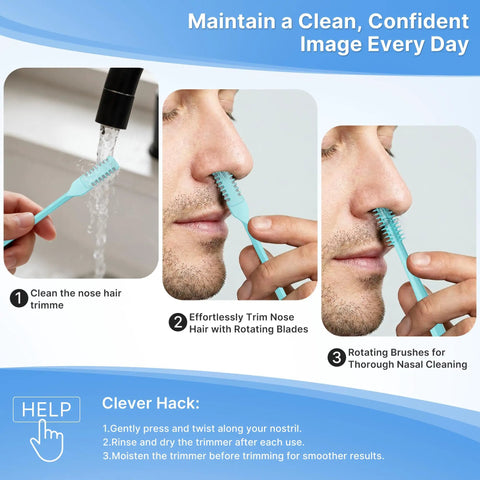Illustration showing the 2 In 1 Nasal Hair Cutter Kit For Women And Men Portable Nose Trimmer With Double Sided Blades and Brush in use