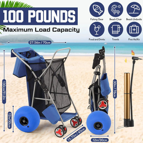 Foldable Beach Cart With 12 Inch Balloon Wheels That Rolls Smooth On Sand And Grass 100 Pound Capacity Wagon With Aluminum Frame