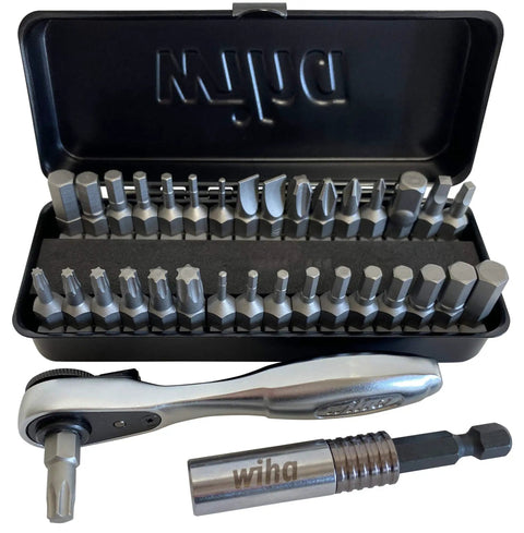 35 Piece Bit Ratchet Compact Storage Box Set With Slotted And Phillips Bits Square Torx And Hex 1/4 Inch Hex To 1/4 Inch Square Socket Adapter 4 Inch Magnetic Bit Holder Extension 72 Tooth Reversible Ratchet With Thumb Ring Pocket Sized in open black storage box showing metal bits and ratchet.