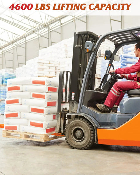 Forklift truck with Heavy Duty Steel Fork Extensions For Forklift Trucks, 4.5 Inch Wide Pallet Forks, 96 Inch Length, Orange, 1 Pair lifting pallets in warehouse