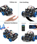 Front view of Mecanum wheels robot car kit for Arduino Mega2560; black chassis, blue omni wheels, sensors.
