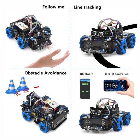 Front view of Mecanum wheels robot car kit for Arduino Mega2560; black chassis, blue omni wheels, sensors.