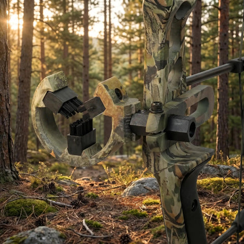 Brush Whisker Biscuit Arrow Rest with nylon bristle design on a camouflage bow for smooth arrow flight, hunting in forest setting.