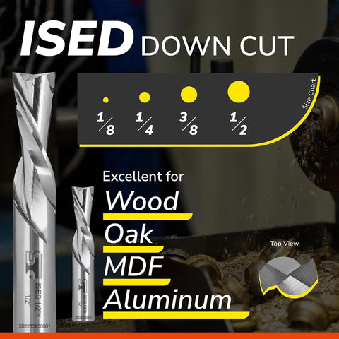 Down Cut Carbide Spiral Router Bits Set 3 8 Inch Shank 1 Inch Cutting Length Two And A Half Inches Overall Length Five Piece Pro Grade Milling Bits For Wood Oak MDF And Aluminum For DIYers And Pros displayed with material compatibility chart