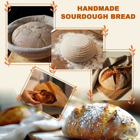 Close-up of sourdough bread and proofing basket from All In One Sourdough Starter Kit With Glass Starter Jar, 9 Inch Proofing Basket, Spatula.