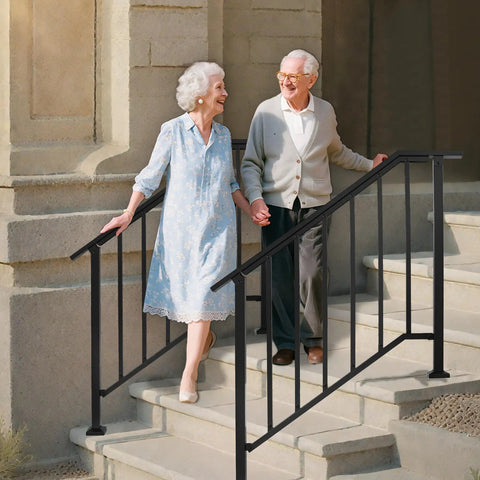Heavy Duty Outdoor Hand Rails Kit For Two To Three Step Stairs, black iron railing supporting elderly couple on stairs.