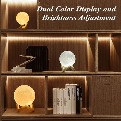 3.5 Inch 3D Moon Lamp With Ceramic Base Touch Dimmable LED Night Light For Kids Room displayed on wooden shelves