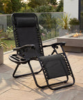 Set Of 2 Adjustable Zero Gravity Lounge Chairs With Steel Mesh, Pillows, And Cup Holder Trays, on a patio, Black.
