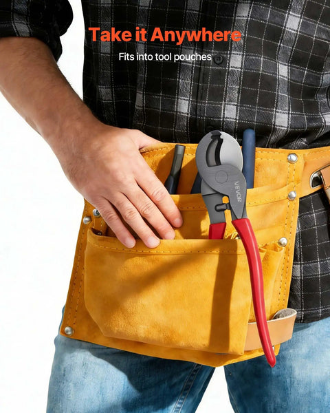 Heavy Duty High Leverage Cable Cutters With Cushioned Overmolded Handles and Razor Sharp Forged Blades, in tool pouch.