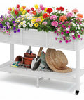 Raised Garden Bed On Wheels With Legs And Lockable Casters, Weather Resistant HDPE Elevated Planter Box with flowers on patio