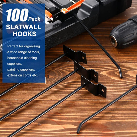 100 Pack Slatwall Hooks For Slat Wall Panels Heavy Duty Metal Hangers Set In Black 6 And 8 Inch on wooden surface with tools