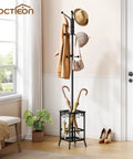 Freestanding Coat Rack With Umbrella Holder, Metal Coat Tree With 12 Hooks, in a home entryway with coats and umbrellas organized.