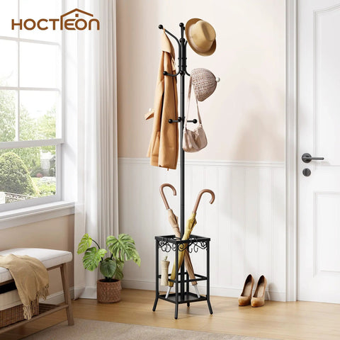 Freestanding Coat Rack With Umbrella Holder, Metal Coat Tree With 12 Hooks, in a home entryway with coats and umbrellas organized.