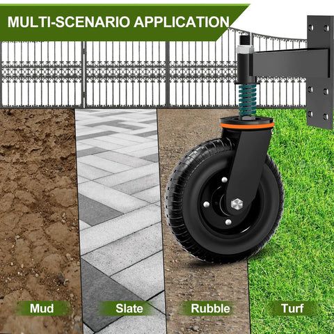 Heavy Duty 8 Inch Fence Gate Wheels Set for Metal Tube Gates and Wooden Fences shown on different terrains, 600 lb per wheel