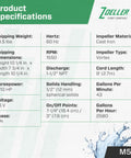 Specifications chart for Mighty Mate Submersible Sump Pump 0.3 HP Cast Iron Body with 9 Foot Cord and 1.5 Inch Discharge.