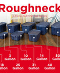 Various sizes of blue storage totes with labels, unrelated to Heavy Duty 18 Gallon Storage Tote Set With Lids And Handles, Stackable Plastic Bins.