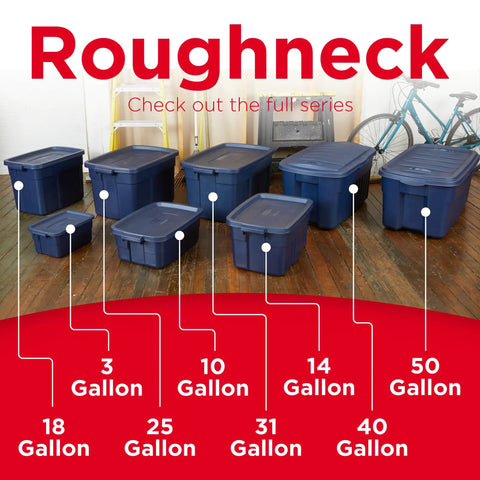 Various sizes of blue storage totes with labels, unrelated to Heavy Duty 18 Gallon Storage Tote Set With Lids And Handles, Stackable Plastic Bins.