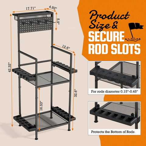 Vertical Fishing Rod Holder For Garage Pegboard And Mesh Basket Storage Rack Tackle Gear Organizer For Up To 12 Poles