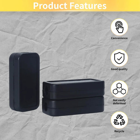Three black waterproof junction box enclosures 40mm X 20mm X 11mm, plastic, surface mount, stacked with features icons beside.