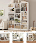 Triple Wide Bookshelf With Six Tier Storage And Seventeen Open Shelves In Pure White, 149cm tall, styled with decor and books.