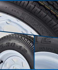 Close-up view of Two Pack 5.30-12 Trailer Tires On 12 Inch Rims With Five Lug On 4.5 Inch Bolt Pattern Center Bore 2.95 Inches