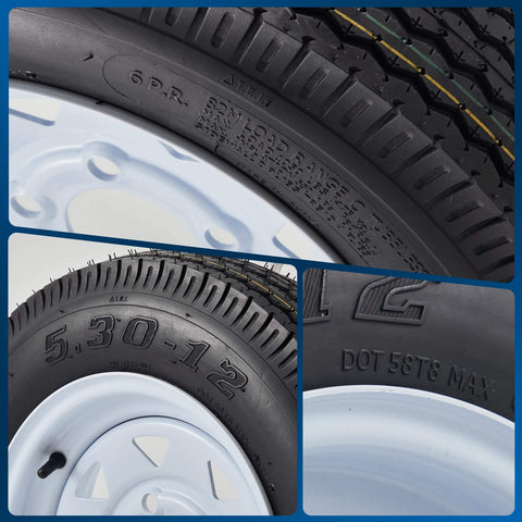Close-up view of Two Pack 5.30-12 Trailer Tires On 12 Inch Rims With Five Lug On 4.5 Inch Bolt Pattern Center Bore 2.95 Inches