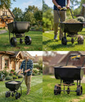All Season 70-Pound Fertilizer Spreader with 15-Level Precision Control, waterproof hopper, 8-inch tires on lawn.
