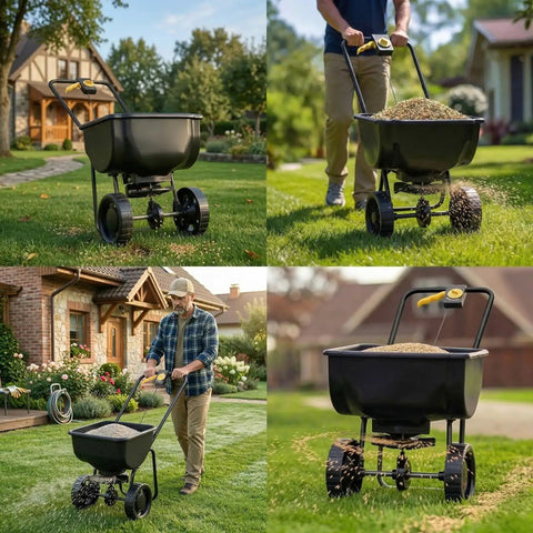 All Season 70-Pound Fertilizer Spreader with 15-Level Precision Control, waterproof hopper, 8-inch tires on lawn.