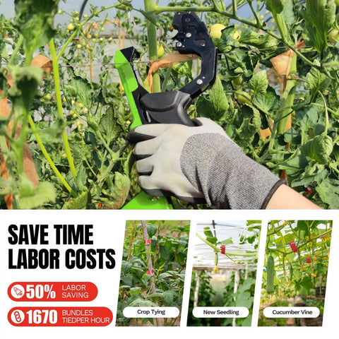 Gardener using Plant Tying Machine Tapener Tool 420g With 10000 Staples And 20 Rolls Green Tape on thick plant stem