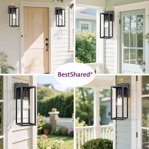 Dusk To Dawn Sensor Outdoor Wall Lantern With Black Finish Modern Wall Sconce on white exterior walls