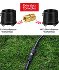 YAMATIC pressure washer hose connector, solid brass M22-14mm male coupler; shown between two hoses and attached to a hose on grass