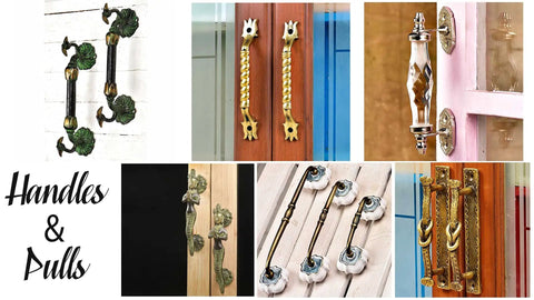 Collage of various decorative door handles and pulls in antique gold finish, including Naga Kanya Brass Cabinet Pulls 2 Pack.