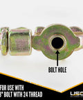 Close-up of Heavy Duty L Track Double Stud Fitting With Bolt Thread For Pickup Truck And Trailer Instant Tie Down Anchor Points, showing bolt hole.