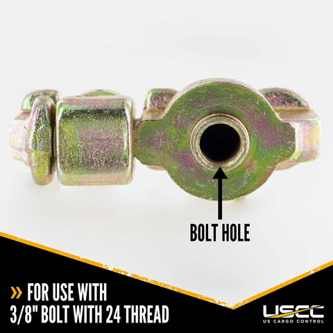 Close-up of Heavy Duty L Track Double Stud Fitting With Bolt Thread For Pickup Truck And Trailer Instant Tie Down Anchor Points, showing bolt hole.