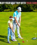 Family using Two Pack Adjustable Golf Putters For Men And Women With 6 Practice Balls, 2 Flag Cups, And Training Kit For All Ages