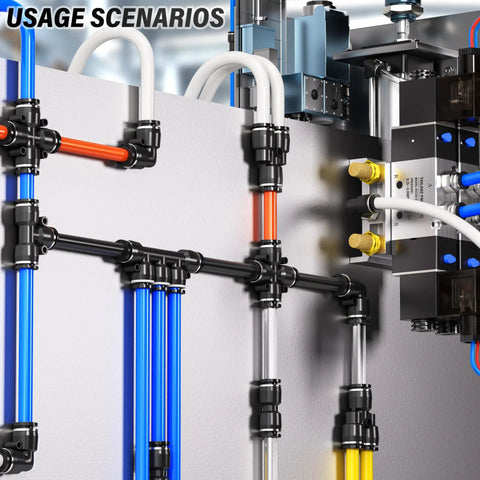 Blue Half Inch OD Polyurethane Air Tubing Kit 32.8 Ft 10 Meter 27 Pc Push To Connect Fittings installed on workshop wall