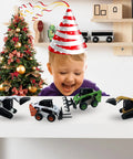 Child with Durable Skid Steer Loader 3 In 1 Diecast Metal Construction Truck, featuring forklift and grab shovel, 1:50 scale, green, festive setting