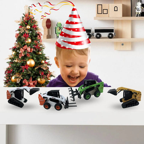 Child with Durable Skid Steer Loader 3 In 1 Diecast Metal Construction Truck, featuring forklift and grab shovel, 1:50 scale, green, festive setting