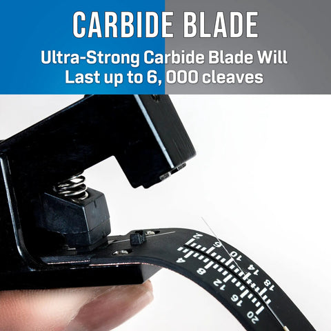 Close-up of Fiber Cleaver For 250 Micron And 900 Micron Fibers With Carbide Blade, showing measurement scale and metallic edge.