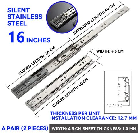 Soft Close Stainless Steel Drawer Slides 16 Inch Side Mount Heavy Duty Ball Bearing Silent Cabinet Rails For Kitchen And Bath 100 LB Capacity Premium Rust Resistant Build For Smooth Quiet Operation 1 Pair, 40 cm