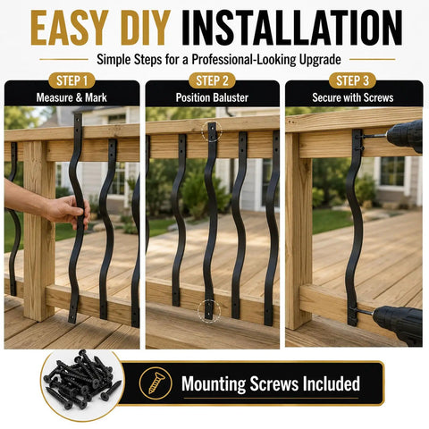 Heavy Duty Weather Resistant Deck Baluster Kit Rock Solid Cast Iron Railing Posts Built Like A Tank With Mounting Hardware For Porch Stairs And Backyard Decks 61 Pack 32 Inches installation steps with balusters and screws.