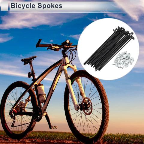 Universal Bicycle Spokes 12G 130mm Length With 1 Set Of 36 Spokes And 36 Nipples Black Carbon Steel next to a bike at sunset