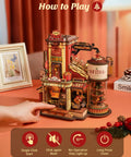 3D Wooden Puzzle Kit For Adults Gift Factory Mechanical Model on table with lights and music, showing interactive play instructions.