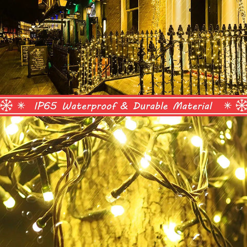 Outdoor Christmas Lights 105Ft 300 LED String Lights With 8 Modes End-To-End Plug UL Listed Waterproof on wrought iron fence