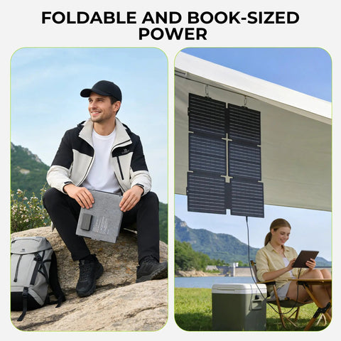 On The Go Portable Solar Generator 300W Power Station With Foldable 60W Solar Panel in outdoor use, man holding generator, woman using solar panel.